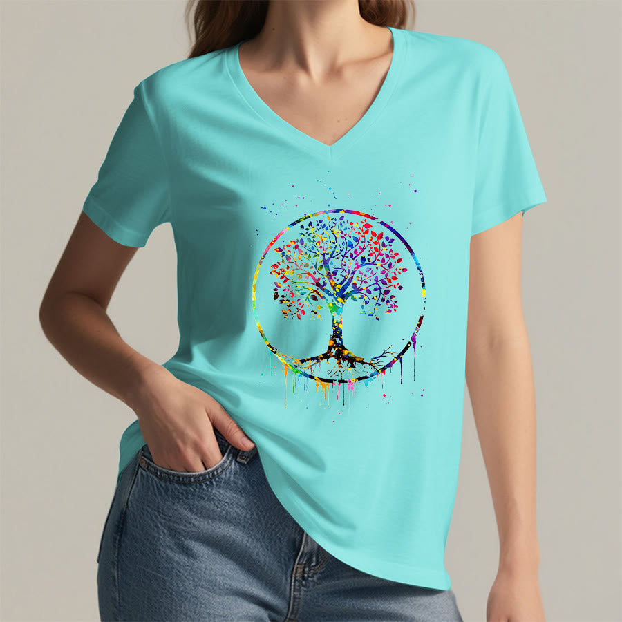T-shirt Olivenorma à col en V avec motif circulaire spirituel de l'arbre de vie - image 2
