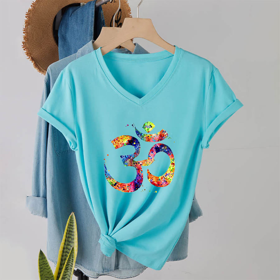 T-shirt à col en V Olivenorma avec motif aquarelle Om et éclaboussures de peinture - Lac Bleu - 2XL - image 9