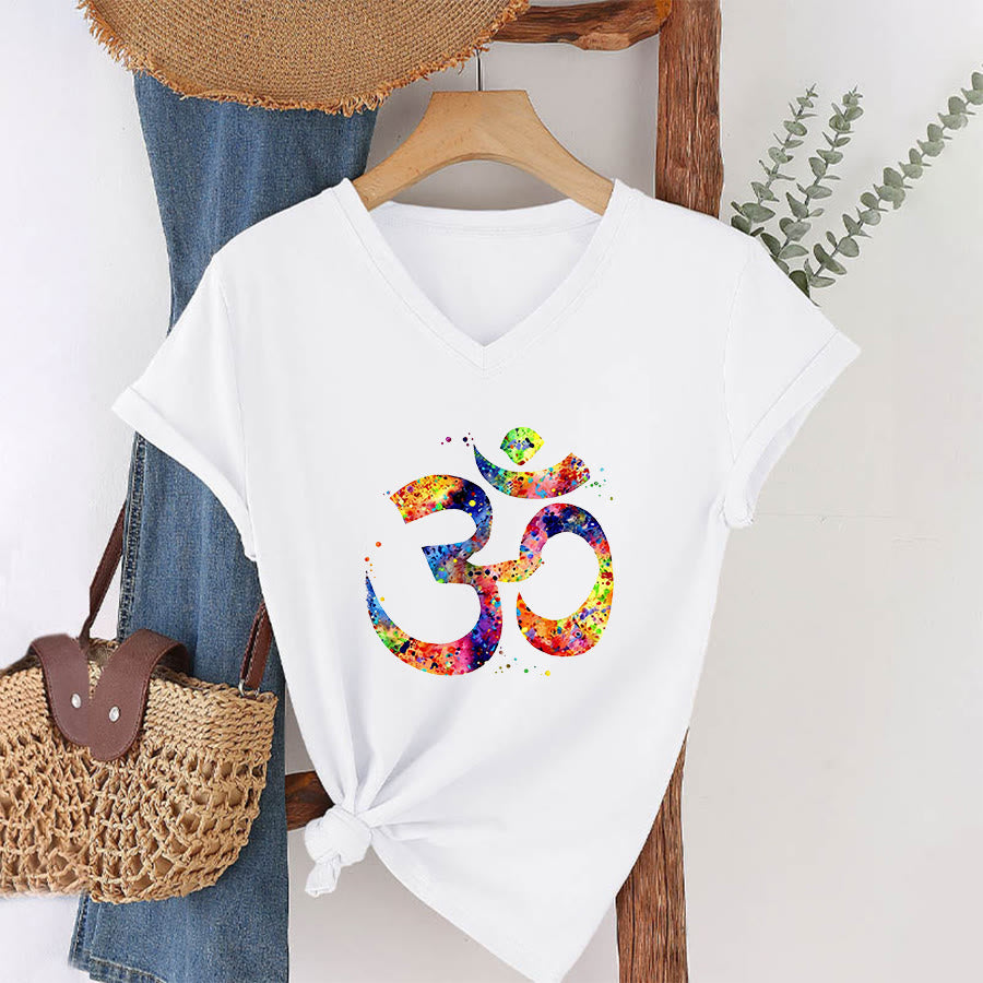 T-shirt à col en V Olivenorma avec motif aquarelle Om et éclaboussures de peinture - Blanc - 2XL - image 0