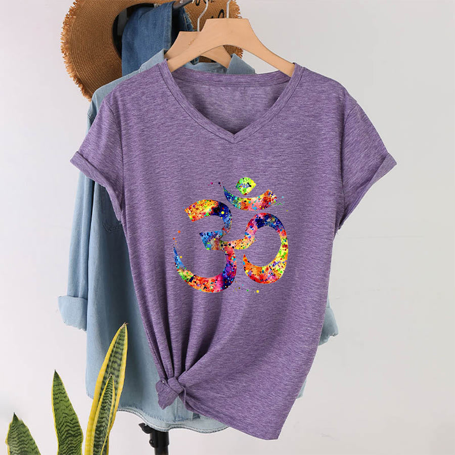T-shirt à col en V Olivenorma avec motif aquarelle Om et éclaboussures de peinture - Violet - 2XL - image 36