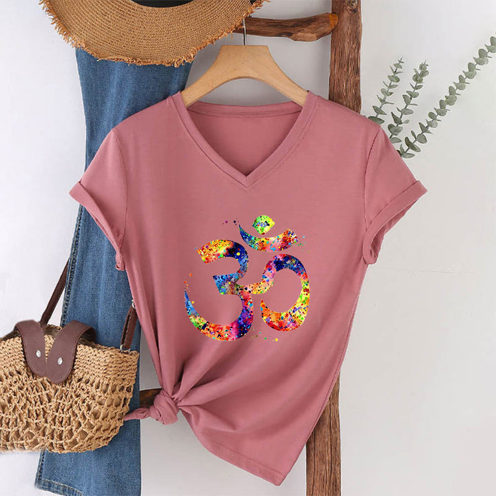 T-shirt à col en V Olivenorma avec motif aquarelle Om et éclaboussures de peinture - Rose - 2XL - image 6