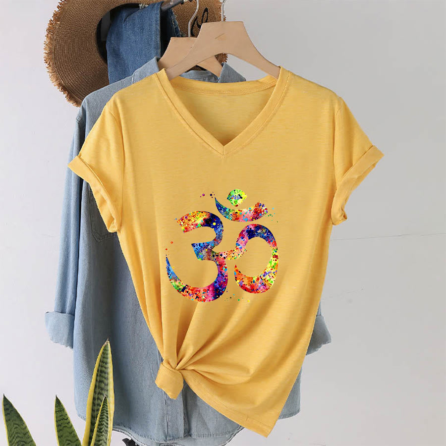 T-shirt à col en V Olivenorma avec motif aquarelle Om et éclaboussures de peinture - Jaune - 2XL - image 30