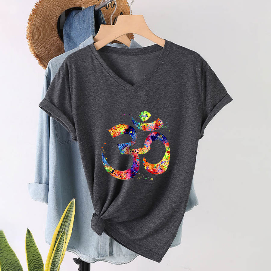 T-shirt à col en V Olivenorma avec motif aquarelle Om et éclaboussures de peinture - Gris - 2XL - image 15