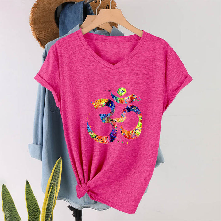 T-shirt à col en V Olivenorma avec motif aquarelle Om et éclaboussures de peinture - Rose rouge - 2XL - image 33