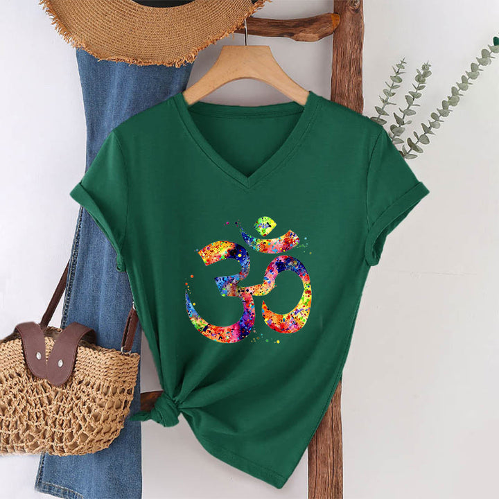 T-shirt à col en V Olivenorma avec motif aquarelle Om et éclaboussures de peinture - Vert foncé - 2XL - image 21
