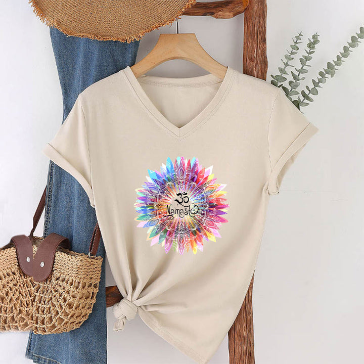 Olivenorma Zen Inspiré Mandala Om Namaste T-shirt col V - Kaki - 2XL - image 3