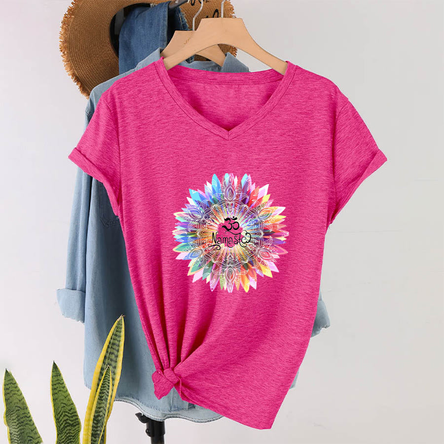 Olivenorma Zen Inspiré Mandala Om Namaste T-shirt col V - Rose rouge - 2XL - image 33