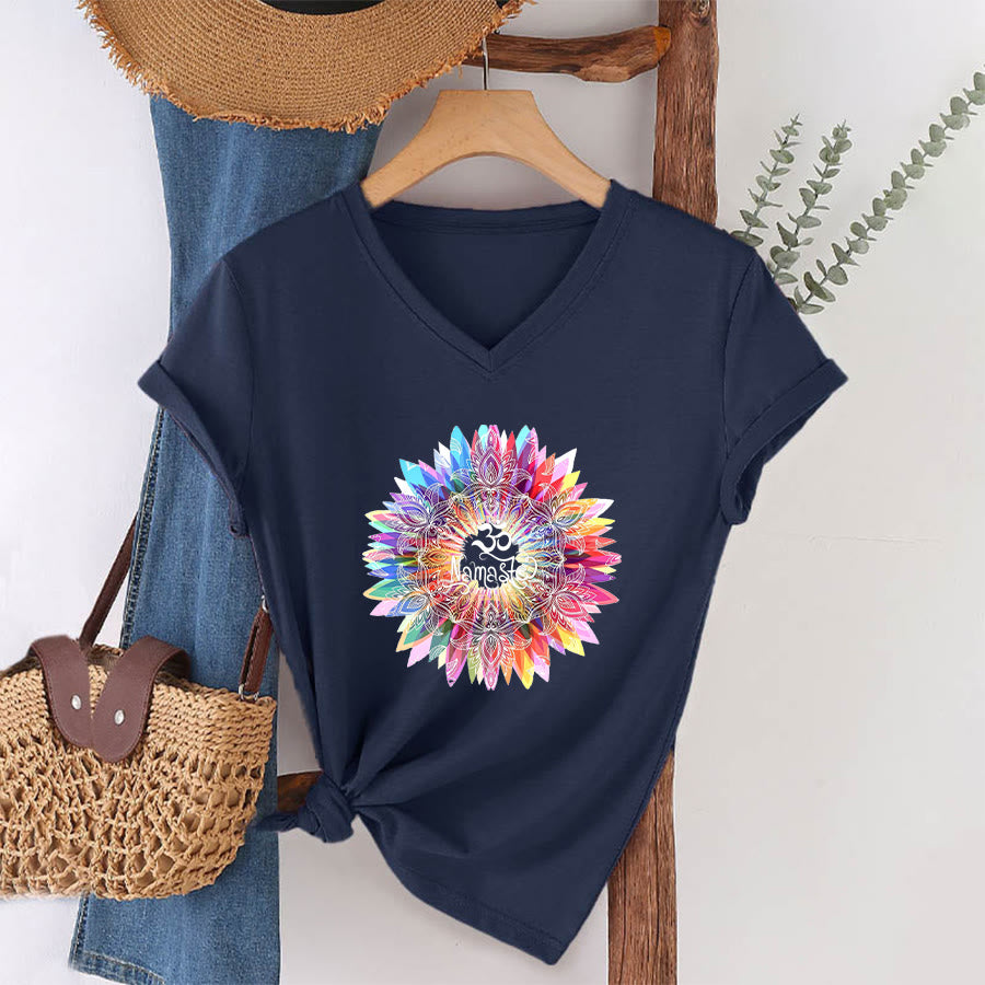 Olivenorma Zen Inspiré Mandala Om Namaste T-shirt col V - Bleu marine - 2XL - image 18