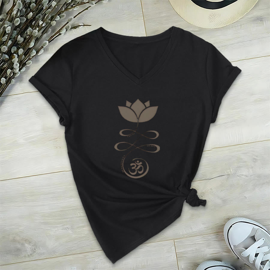 T-shirt de yoga Olivenorma Lotus avec symbole Om et imprimé Unalome à col en V - Noir - 2XL - image 12