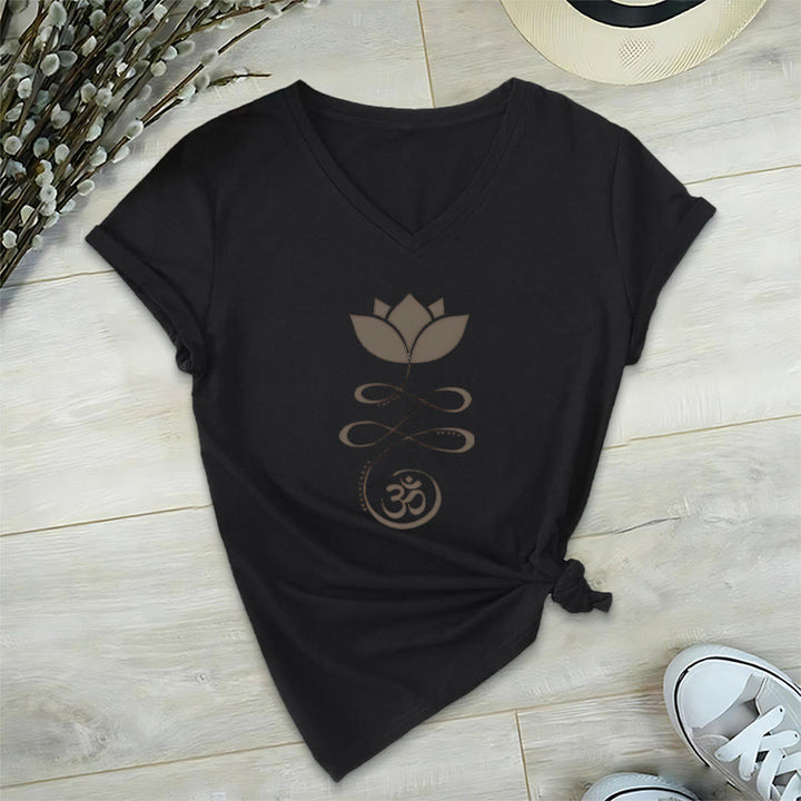 T-shirt de yoga Olivenorma Lotus avec symbole Om et imprimé Unalome à col en V - Noir - 2XL - image 12
