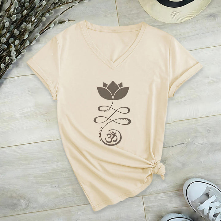 T-shirt de yoga Olivenorma Lotus avec symbole Om et imprimé Unalome à col en V - Kaki - 2XL - image 3