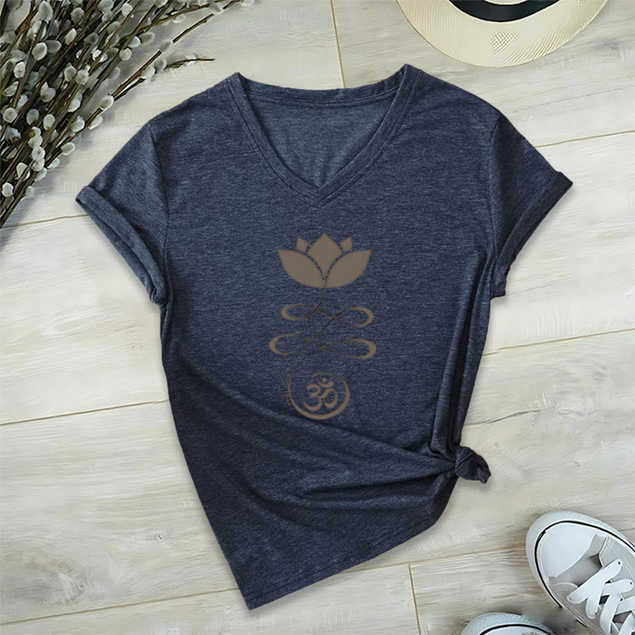 T-shirt de yoga Olivenorma Lotus avec symbole Om et imprimé Unalome à col en V - Bleu marine - 2XL - image 21