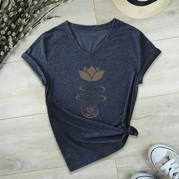 T-shirt de yoga Olivenorma Lotus avec symbole Om et imprimé Unalome à col en V - Bleu marine - 2XL - image 21