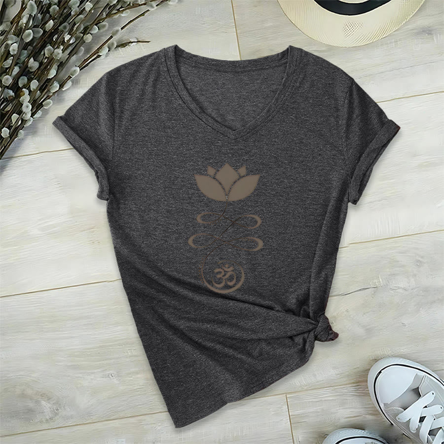 T-shirt de yoga Olivenorma Lotus avec symbole Om et imprimé Unalome à col en V - Gris - 2XL - image 15