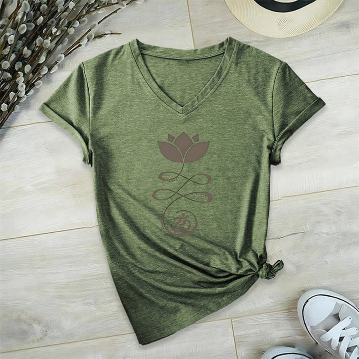 T-shirt de yoga Olivenorma Lotus avec symbole Om et imprimé Unalome à col en V - Vert olive - 2XL - image 24