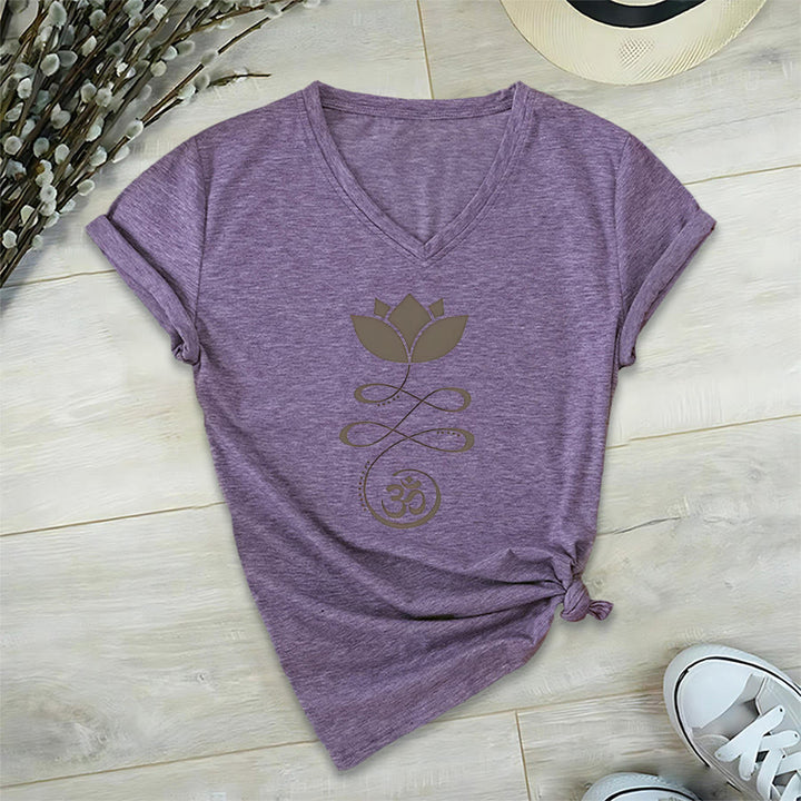 T-shirt de yoga Olivenorma Lotus avec symbole Om et imprimé Unalome à col en V - Violet - 2XL - image 36