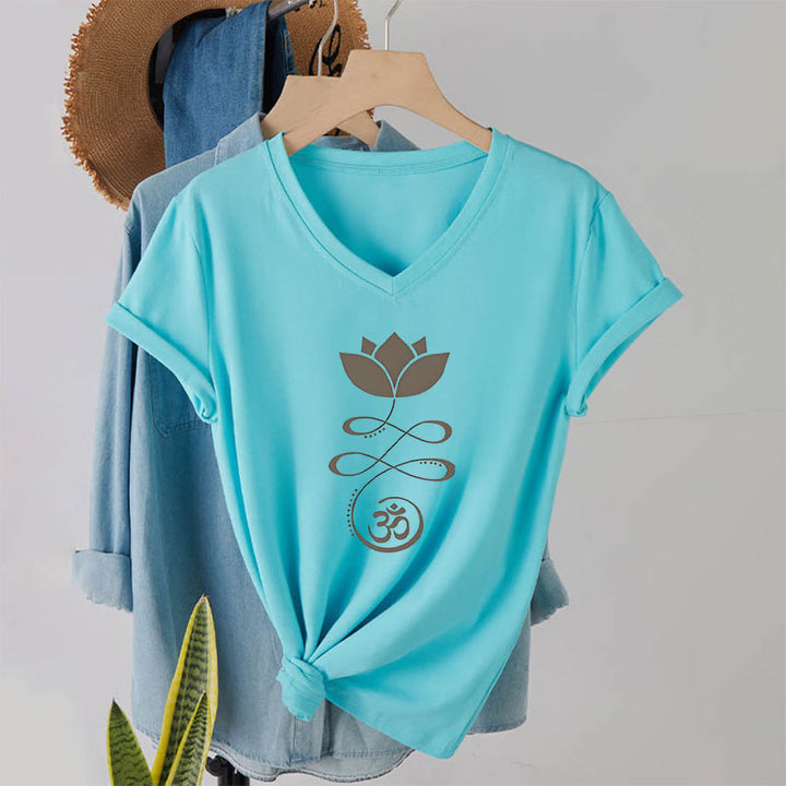 T-shirt de yoga Olivenorma Lotus avec symbole Om et imprimé Unalome à col en V - image 10