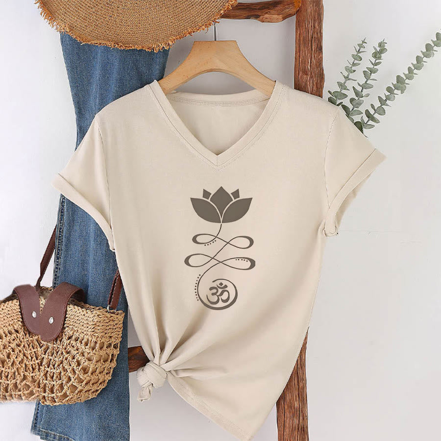 T-shirt de yoga Olivenorma Lotus avec symbole Om et imprimé Unalome à col en V - image 4