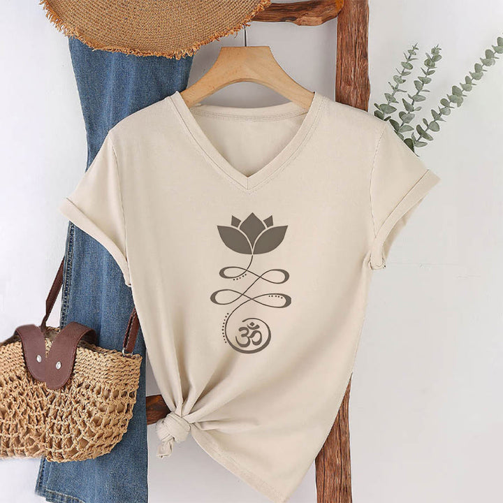 T-shirt de yoga Olivenorma Lotus avec symbole Om et imprimé Unalome à col en V - image 4