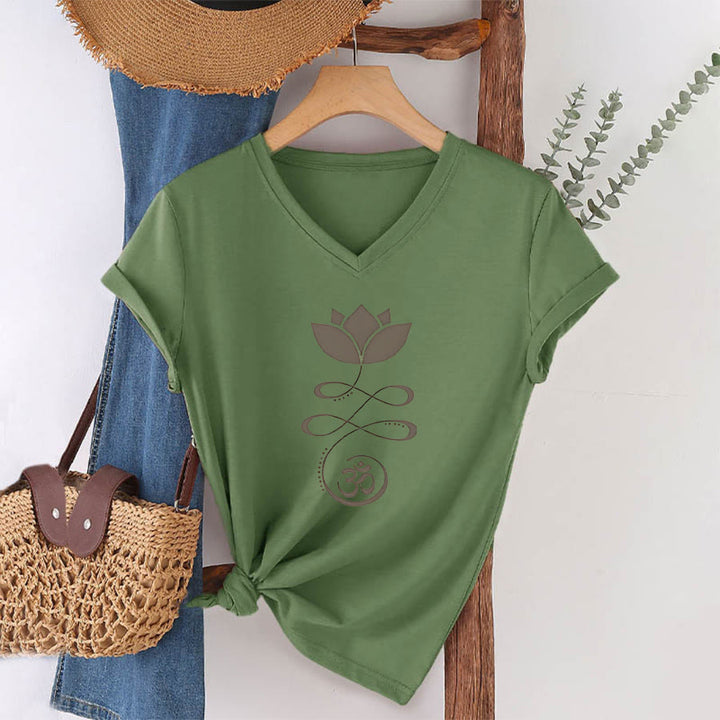 T-shirt de yoga Olivenorma Lotus avec symbole Om et imprimé Unalome à col en V - image 25