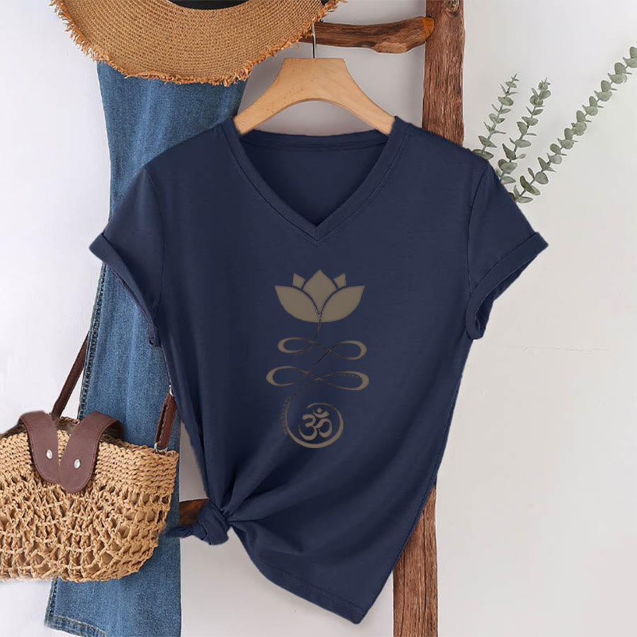 T-shirt de yoga Olivenorma Lotus avec symbole Om et imprimé Unalome à col en V - image 22
