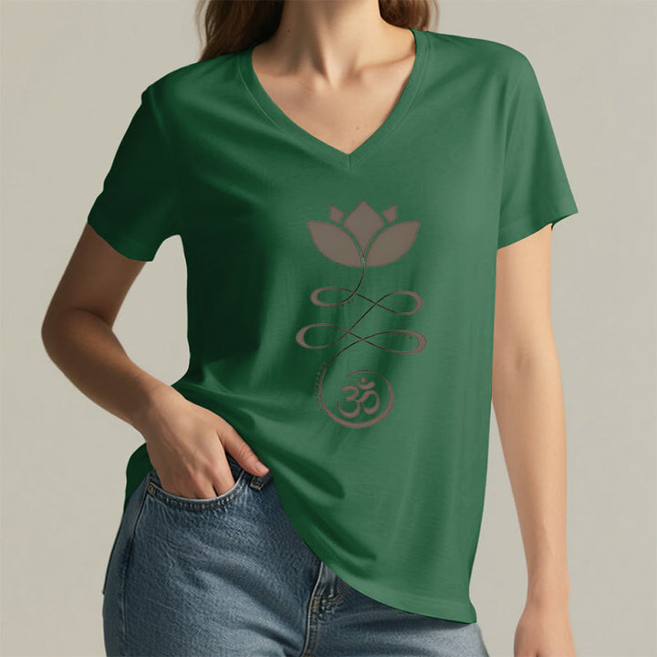 T-shirt de yoga Olivenorma Lotus avec symbole Om et imprimé Unalome à col en V - image 2