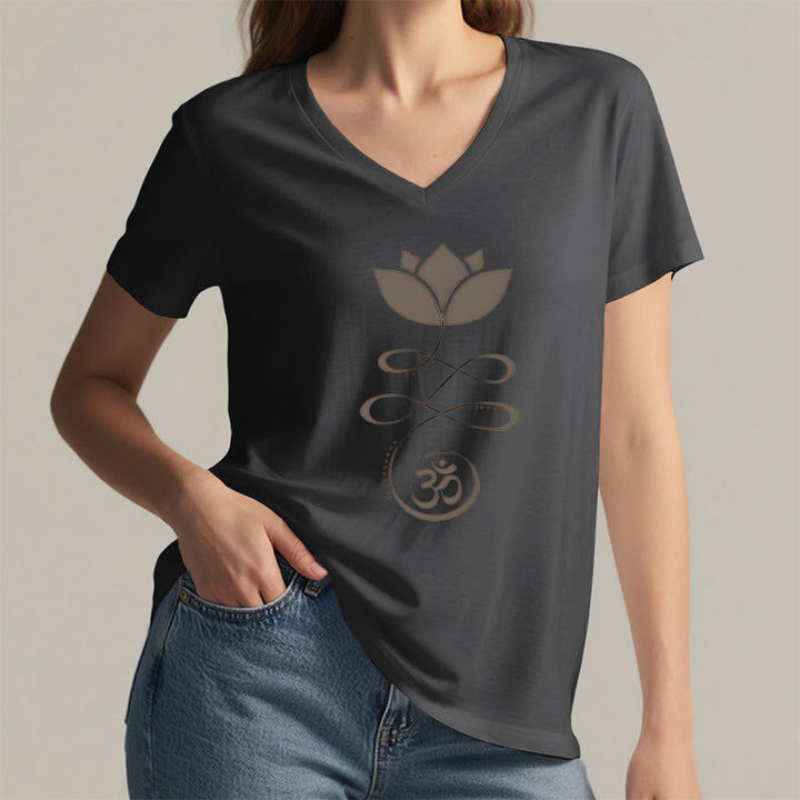 T-shirt de yoga Olivenorma Lotus avec symbole Om et imprimé Unalome à col en V - image 17