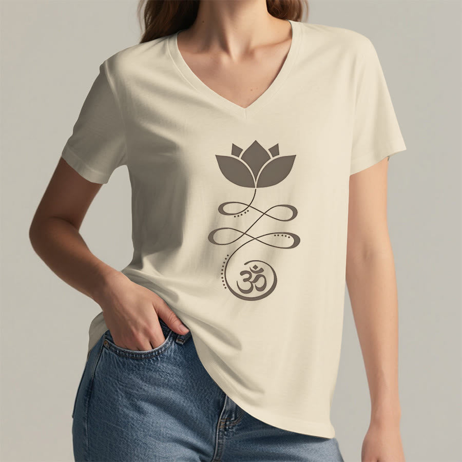 T-shirt de yoga Olivenorma Lotus avec symbole Om et imprimé Unalome à col en V - image 5