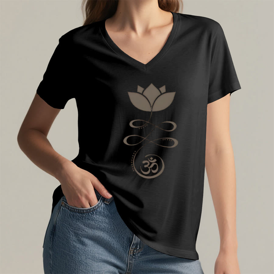 T-shirt de yoga Olivenorma Lotus avec symbole Om et imprimé Unalome à col en V - image 14