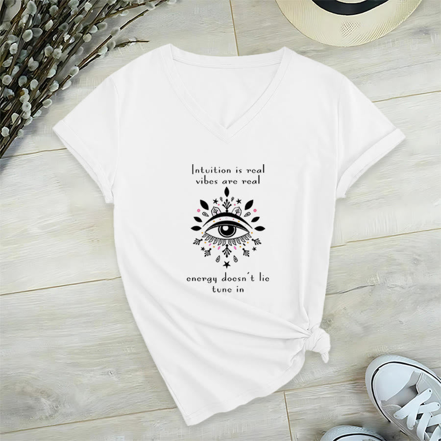 T-shirt Olivenorma décontracté à col en V avec imprimé de citation sur l'intuition et l'œil mystique - Blanc - 2XL - image 18