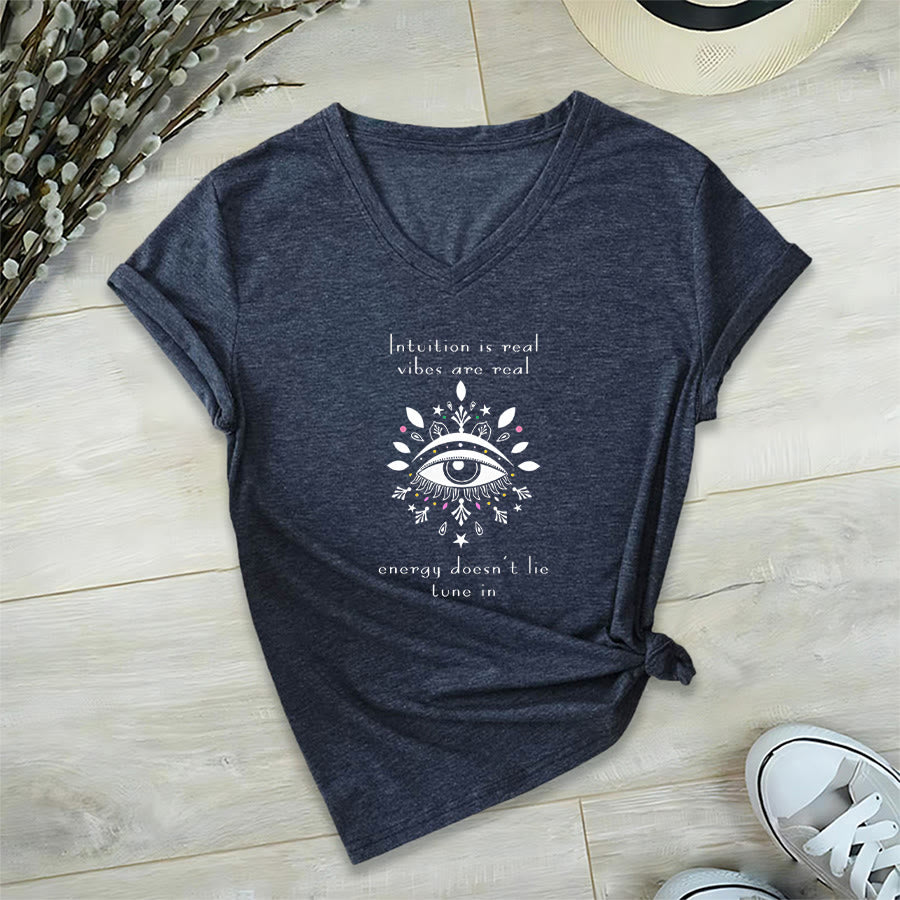 T-shirt Olivenorma décontracté à col en V avec imprimé de citation sur l'intuition et l'œil mystique - Bleu marine - 2XL - image 0