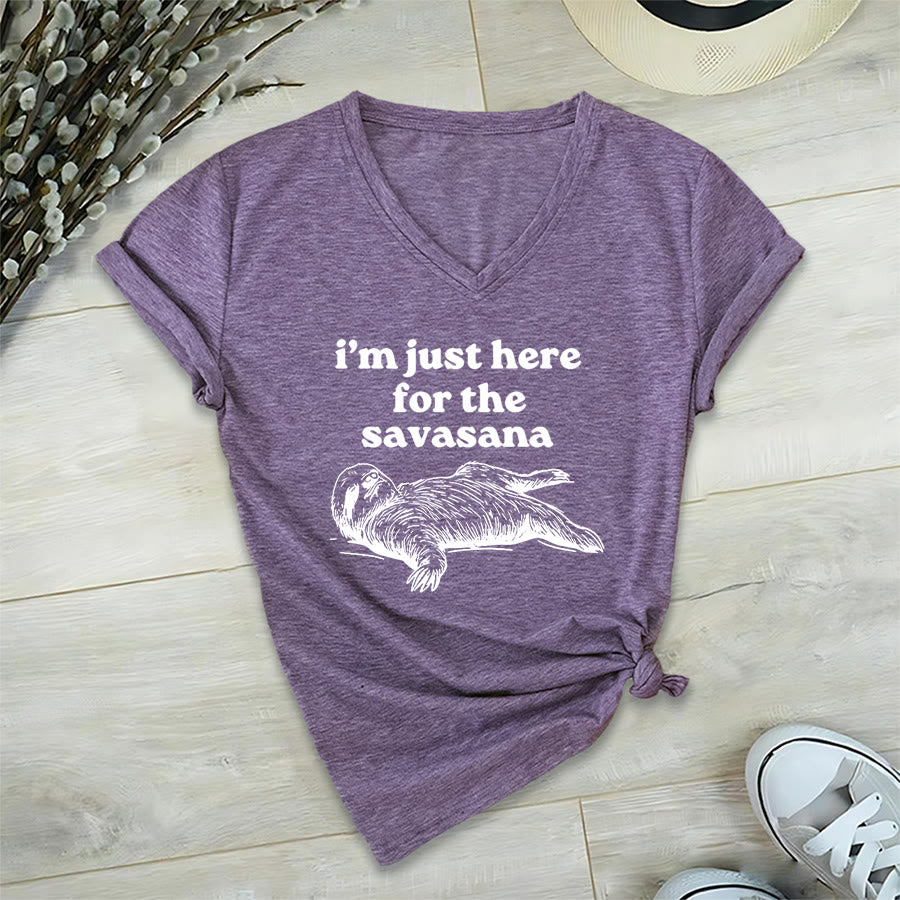 T-shirt à col en V Olivenorma avec citation humoristique sur le paresseux « Savasana » - Violet - 2XL - image 36