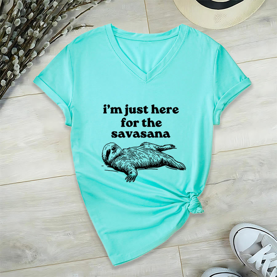 T-shirt à col en V Olivenorma avec citation humoristique sur le paresseux « Savasana » - Lac Bleu - 2XL - image 9