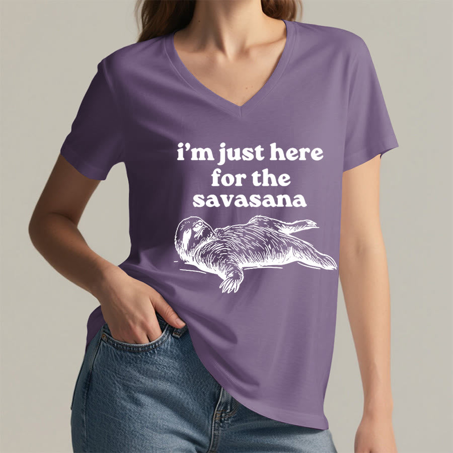 T-shirt à col en V Olivenorma avec citation humoristique sur le paresseux « Savasana » - image 38