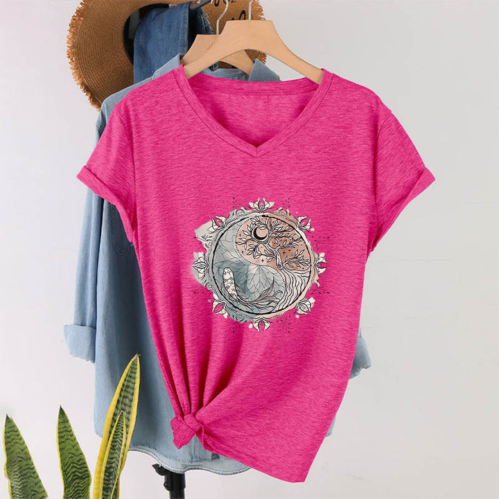 T-shirt à col en V Olivenorma avec motif Yin Yang complexe représentant un arbre et des carpes koï - Rose rouge - 2XL - image 33