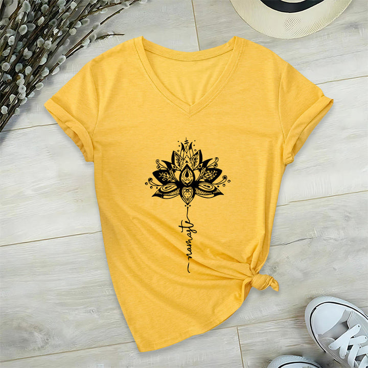 T-shirt à col en V Olivenorma avec motif mandala de lotus complexe et design Namaste - Jaune - 2XL - image 30
