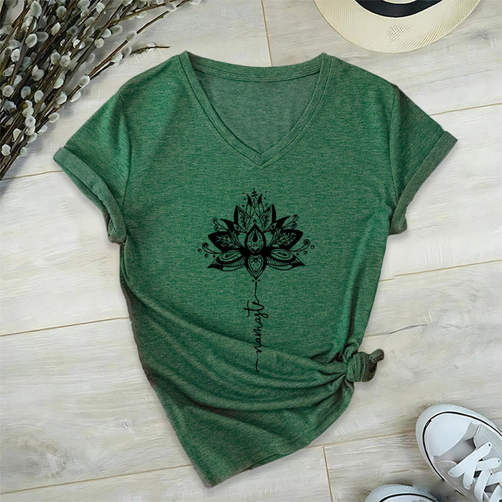 T-shirt à col en V Olivenorma avec motif mandala de lotus complexe et design Namaste - Vert foncé - 2XL - image 21