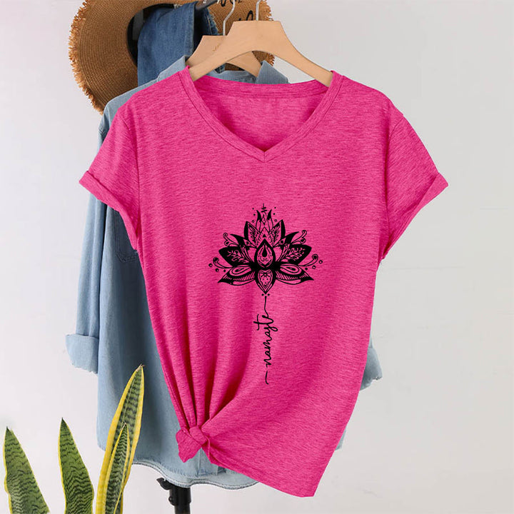 T-shirt à col en V Olivenorma avec motif mandala de lotus complexe et design Namaste - image 34