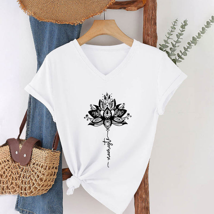 T-shirt à col en V Olivenorma avec motif mandala de lotus complexe et design Namaste - image 16