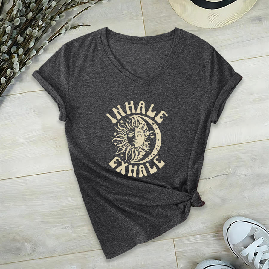 T-shirt Olivenorma Boho Soleil Lune « Inspirer Expirer » à col en V - Gris - 2XL - image 15
