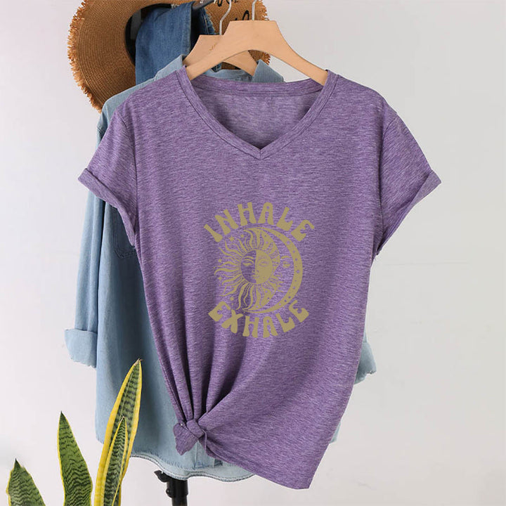 T-shirt Olivenorma Boho Soleil Lune « Inspirer Expirer » à col en V - image 37