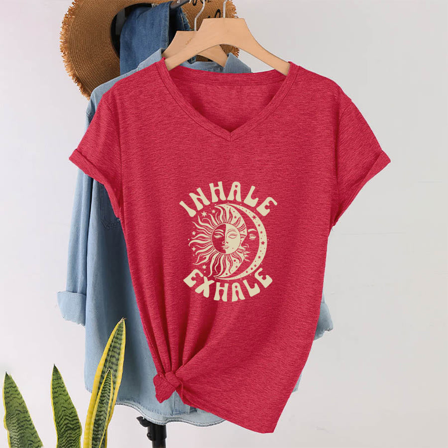T-shirt Olivenorma Boho Soleil Lune « Inspirer Expirer » à col en V - image 28