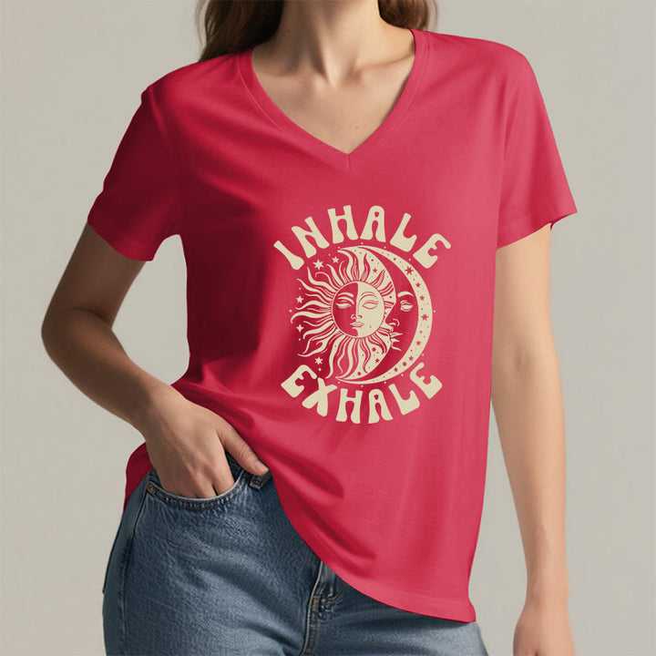 T-shirt Olivenorma Boho Soleil Lune « Inspirer Expirer » à col en V - image 29