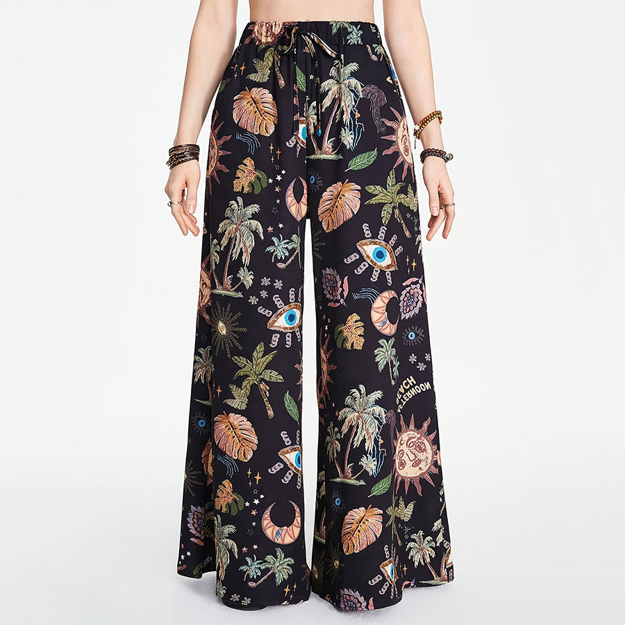 Pantalon Olivenorma Boho Sun à imprimé palmier et œil maléfique, jambes larges et cordon de serrage - Noir - XXXL - image 3