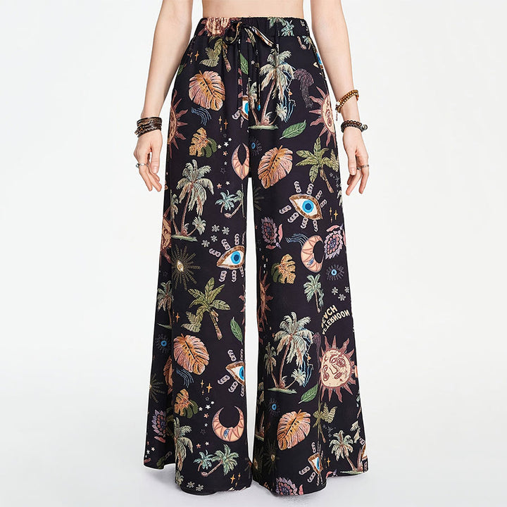 Pantalon Olivenorma Boho Sun à imprimé palmier et œil maléfique, jambes larges et cordon de serrage - Noir - XXXL - image 3