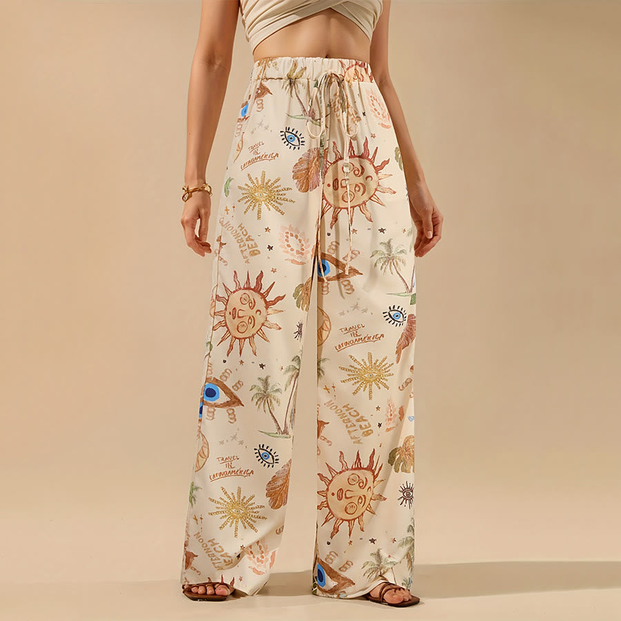 Pantalon Olivenorma Boho Sun à imprimé palmier et œil maléfique, jambes larges et cordon de serrage - Beige - XXXL - image 0
