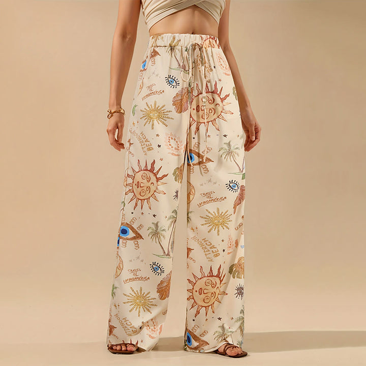Pantalon Olivenorma Boho Sun à imprimé palmier et œil maléfique, jambes larges et cordon de serrage - Beige - XXXL - image 0