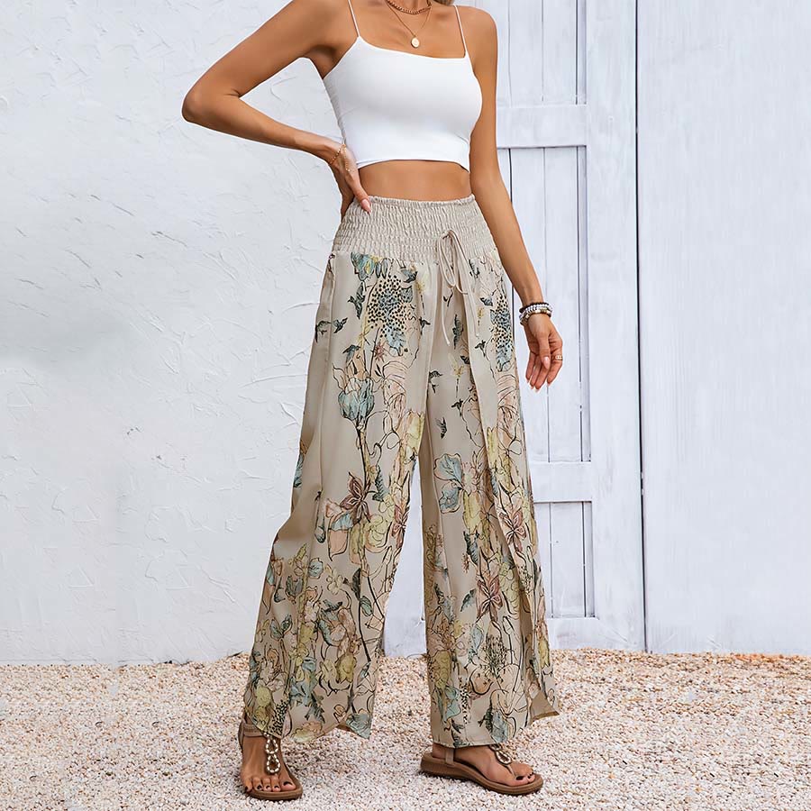 Pantalon Olivenorma pour femme, imprimé floral aquarelle, taille smockée, double fente, jambes larges - image 2