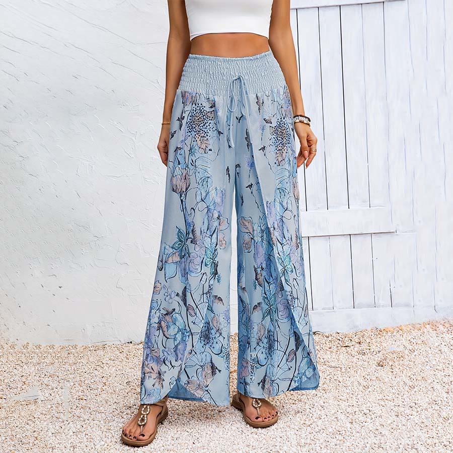 Pantalon Olivenorma pour femme, imprimé floral aquarelle, taille smockée, double fente, jambes larges - Bleu - XXXL - image 5