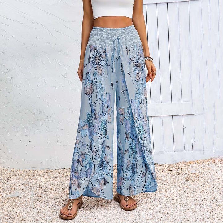 Pantalon Olivenorma pour femme, imprimé floral aquarelle, taille smockée, double fente, jambes larges - Bleu - XXXL - image 5